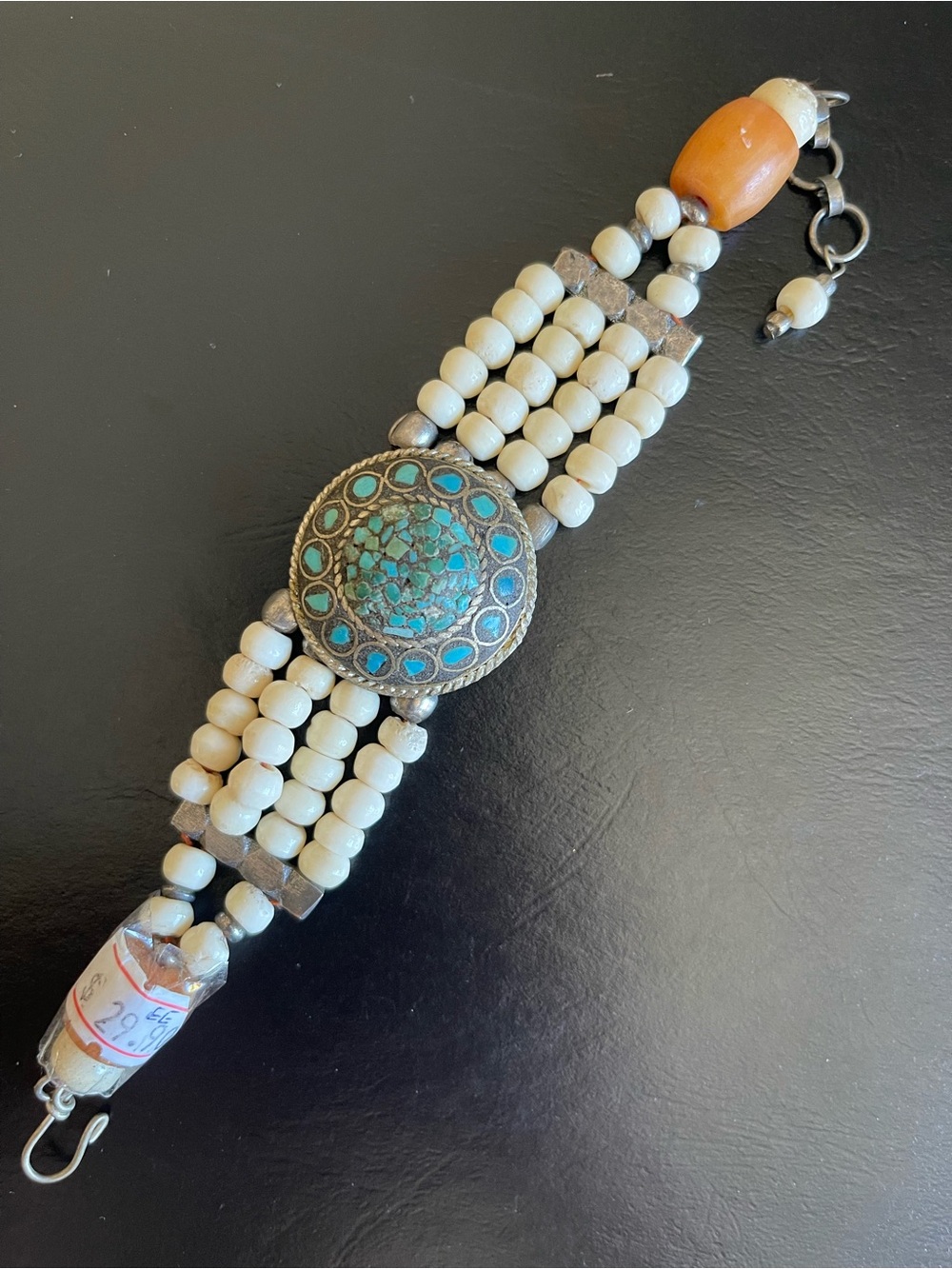 Vintage Turquoise inlay & bone Bead Multi-Strand Bracelet